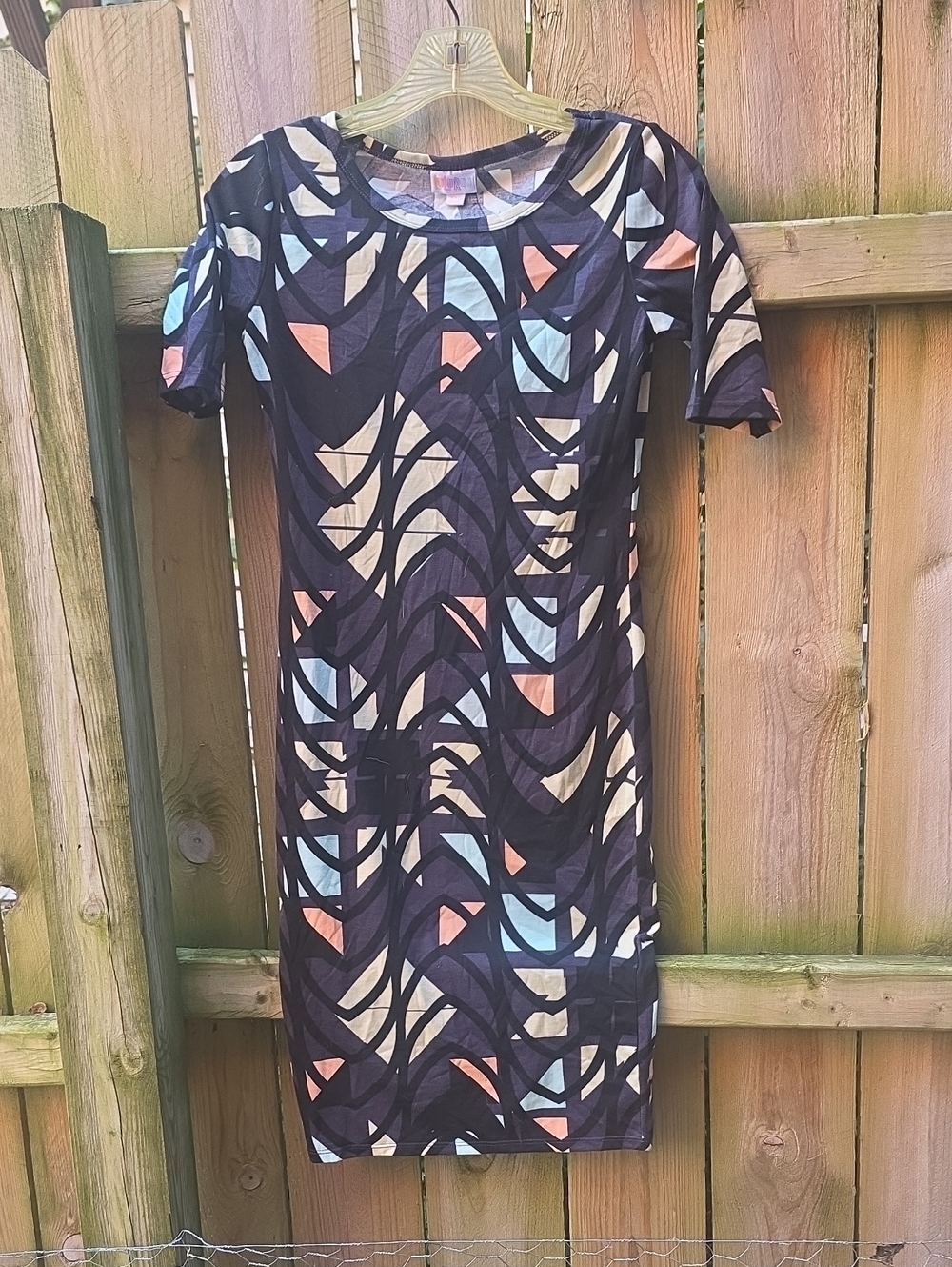 LuLaRoe Black Midi Dress with Cream, Light Blue, and Coral Geometric Print